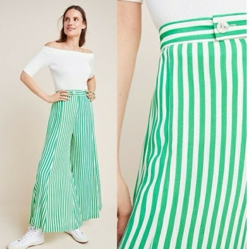 Anthropologie Green and White Striped Mackenzie Pants, Size 6